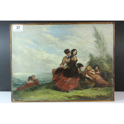 37 - Oil on Canvas depicting 19th century Figures near the Water's Edge, 30cms x 40cms