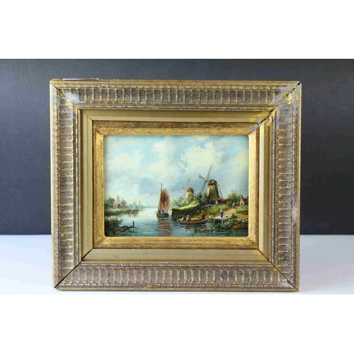 38 - Gilt Framed Oil on Panel of a Dutch River Landscape with Figures in Boats and Windmills beyond