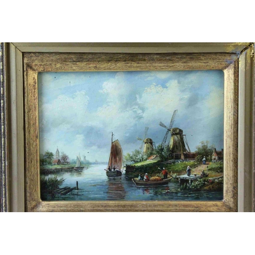 38 - Gilt Framed Oil on Panel of a Dutch River Landscape with Figures in Boats and Windmills beyond