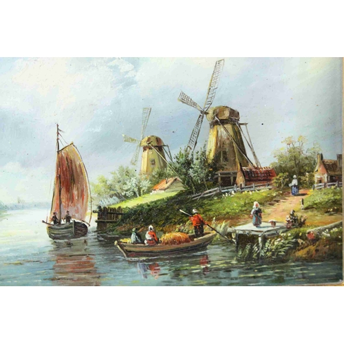 38 - Gilt Framed Oil on Panel of a Dutch River Landscape with Figures in Boats and Windmills beyond