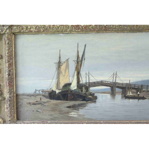 39 - Charles Thornley (fl 1859 - 1885), Oil on Panel, Sailing Boats by Bridge in Estuary, signed lower ri... 