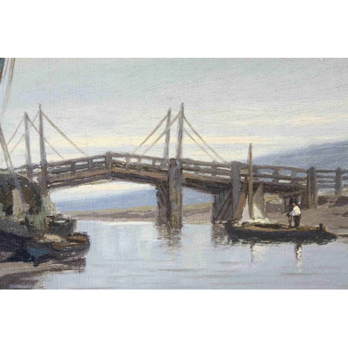 39 - Charles Thornley (fl 1859 - 1885), Oil on Panel, Sailing Boats by Bridge in Estuary, signed lower ri... 