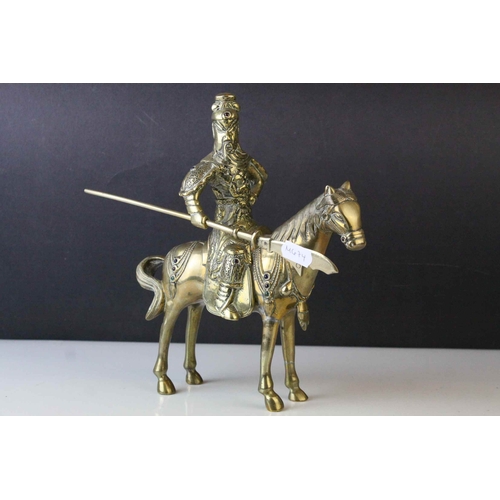 42 - Brass Model of a Chinese Guandi Warrior on Horseback with applied cabochon stones, 23cms high