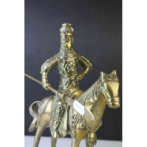 42 - Brass Model of a Chinese Guandi Warrior on Horseback with applied cabochon stones, 23cms high