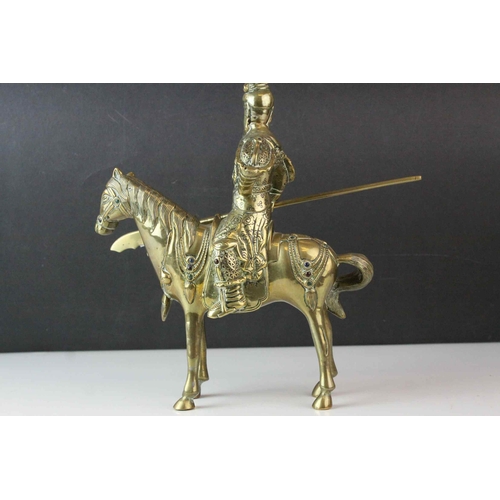 42 - Brass Model of a Chinese Guandi Warrior on Horseback with applied cabochon stones, 23cms high