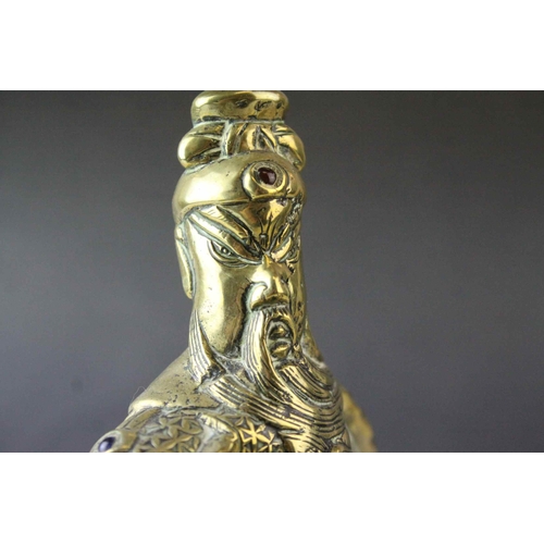 42 - Brass Model of a Chinese Guandi Warrior on Horseback with applied cabochon stones, 23cms high