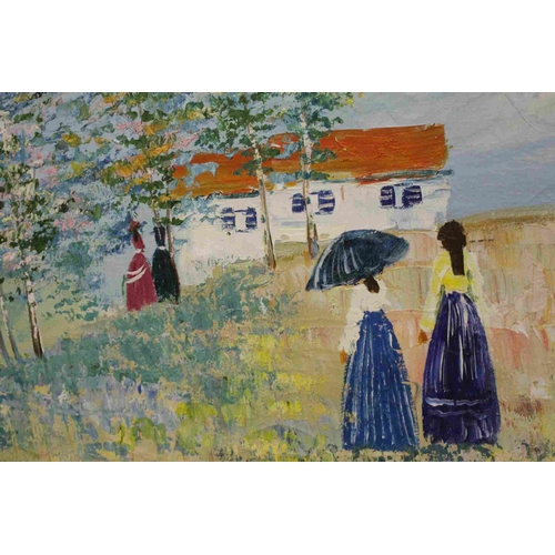 46 - Contemporary Oil Painting on Canvas depicting Ladies in a Summer Field near a Cottage, 50cms x 59cms... 