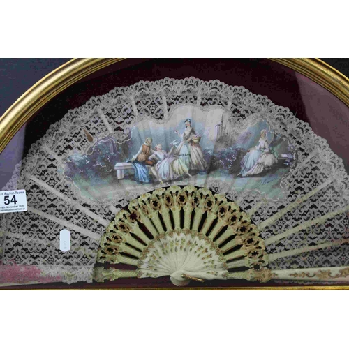 54 - Late 19th / Early 20th century French Needle Lace Fan mounted  on ivory sticks with gilded decoratio... 