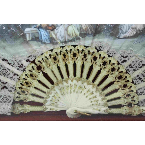 54 - Late 19th / Early 20th century French Needle Lace Fan mounted  on ivory sticks with gilded decoratio... 