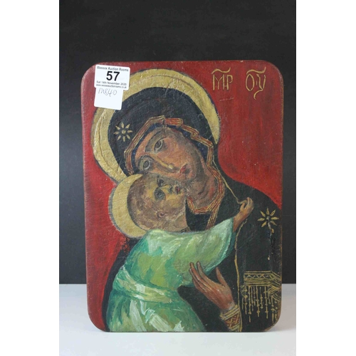 57 - Wooden Painted Icon depicting Madonna and Child, marked to verso Ymirehin, 31cms x 22cms