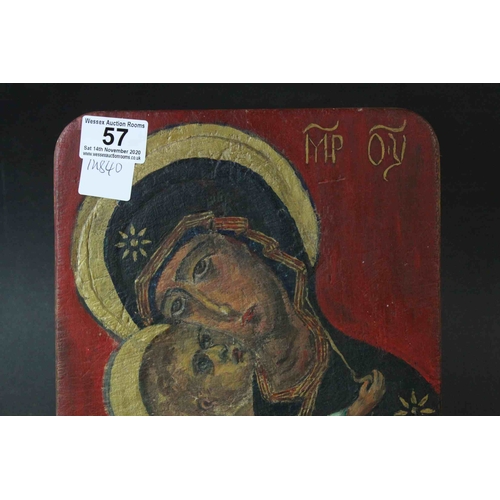 57 - Wooden Painted Icon depicting Madonna and Child, marked to verso Ymirehin, 31cms x 22cms