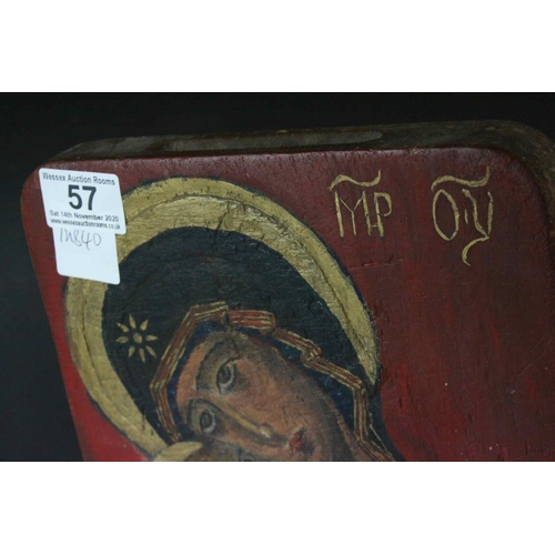 57 - Wooden Painted Icon depicting Madonna and Child, marked to verso Ymirehin, 31cms x 22cms