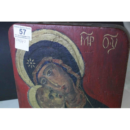 57 - Wooden Painted Icon depicting Madonna and Child, marked to verso Ymirehin, 31cms x 22cms