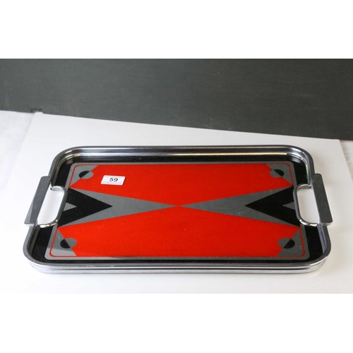 59 - Art Deco Chrome Serving Tray, the glass mirrored panel with a red and black geometric design, 48cms ... 