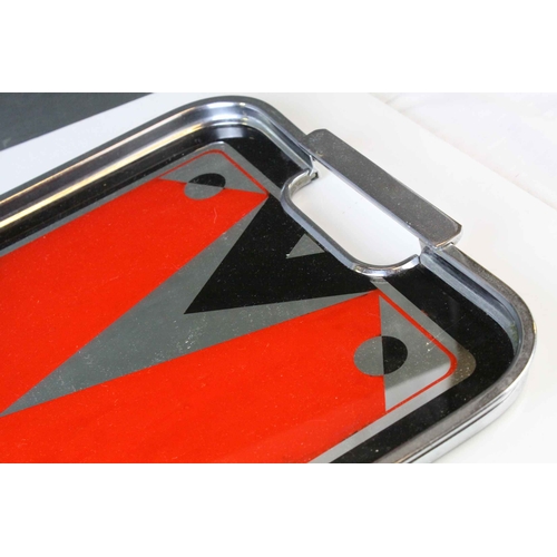 59 - Art Deco Chrome Serving Tray, the glass mirrored panel with a red and black geometric design, 48cms ... 