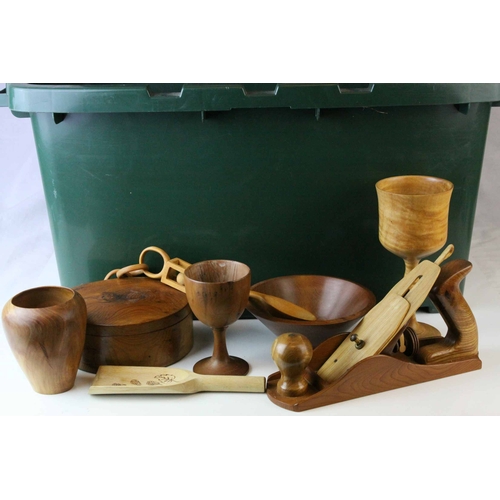 61 - Large Box of Hand Turned Wooden Items including Cups, Bowls, Goblets, Boxes, Wood Plane, Figures, We... 