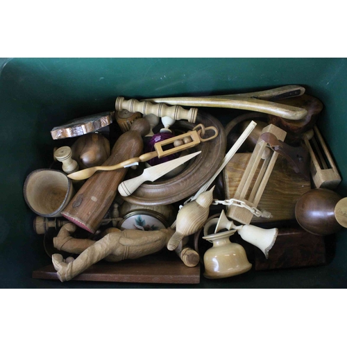 61 - Large Box of Hand Turned Wooden Items including Cups, Bowls, Goblets, Boxes, Wood Plane, Figures, We... 