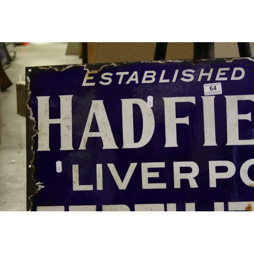 64 - Enamel Advertising Sign ' Hadfields Fertilizers ', 46cms x 77cms