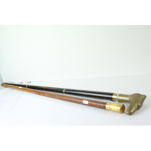 67 - Malacca Walking Stick with Yellow Metal covered Handle together with another Walking Stick with Bras... 