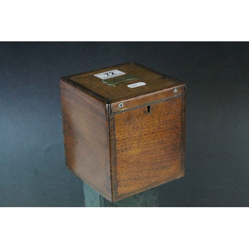 72 - Late 19th / Early 20th century Oak Tea Caddy, the slide off lid with brass name plaque and open to r... 