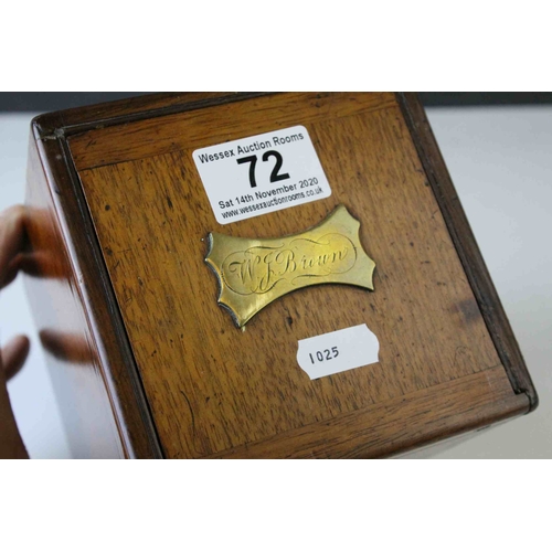 72 - Late 19th / Early 20th century Oak Tea Caddy, the slide off lid with brass name plaque and open to r... 