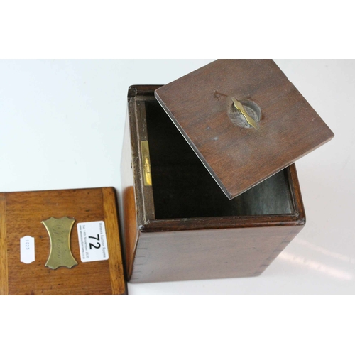 72 - Late 19th / Early 20th century Oak Tea Caddy, the slide off lid with brass name plaque and open to r... 