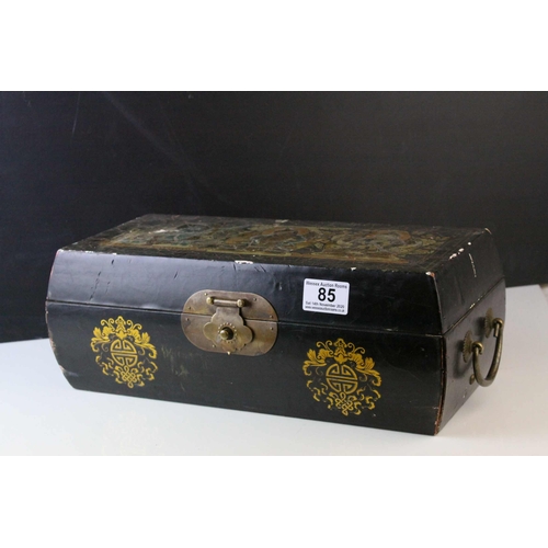 85 - Oriental Black Lacquered Box with Brass Clasps and Handles, the lid decorated with Three Seated Deit... 