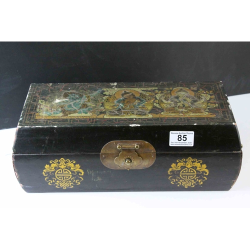 85 - Oriental Black Lacquered Box with Brass Clasps and Handles, the lid decorated with Three Seated Deit... 