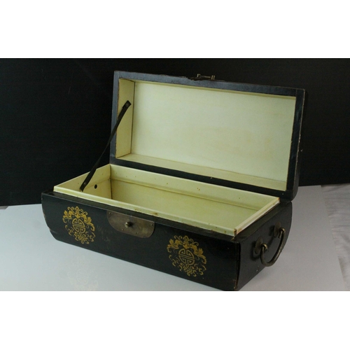 85 - Oriental Black Lacquered Box with Brass Clasps and Handles, the lid decorated with Three Seated Deit... 