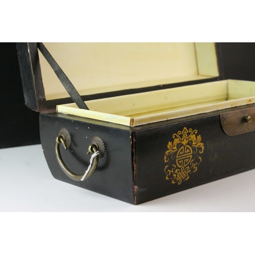 85 - Oriental Black Lacquered Box with Brass Clasps and Handles, the lid decorated with Three Seated Deit... 