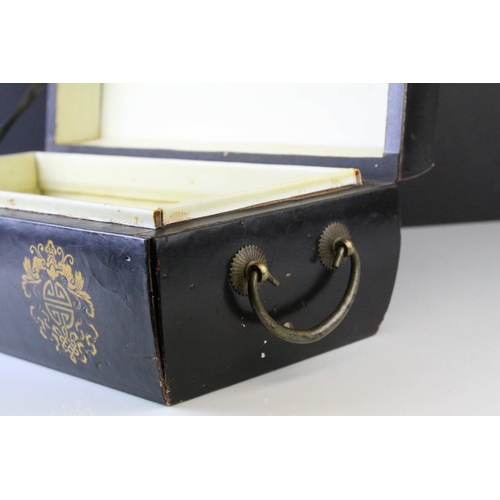 85 - Oriental Black Lacquered Box with Brass Clasps and Handles, the lid decorated with Three Seated Deit... 