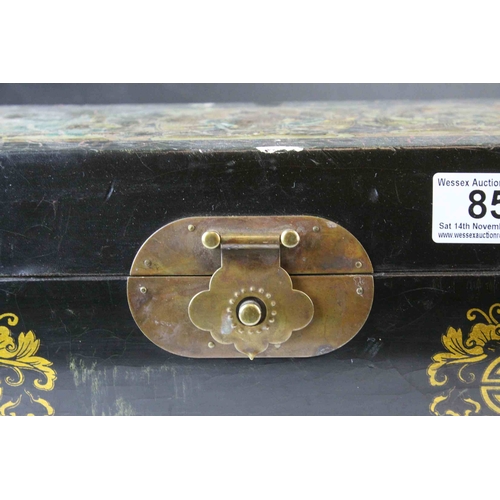 85 - Oriental Black Lacquered Box with Brass Clasps and Handles, the lid decorated with Three Seated Deit... 