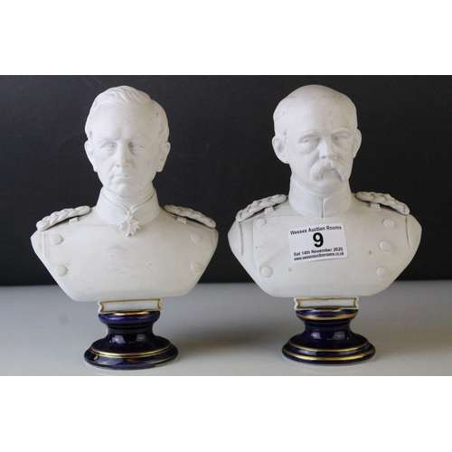 9 - Two KPM Parian Ware Bust, both on blue glazed porcelain plinths, 19cms high