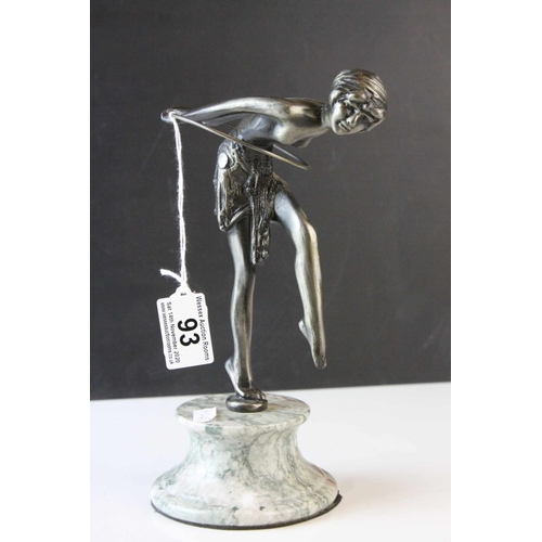 93 - Metal Model of an Art Deco Style Figurine with a Hoop raised on a Marble Plinth, 23cms high