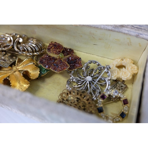 216 - Costume Jewellery - group of 14 brooches in a continental velvet rectangular box