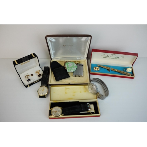 217 - Mixed Lot including Two Ronson Lighters, a Lighter and Purse Set, Cased Gold Plated Pen and Cufflink... 