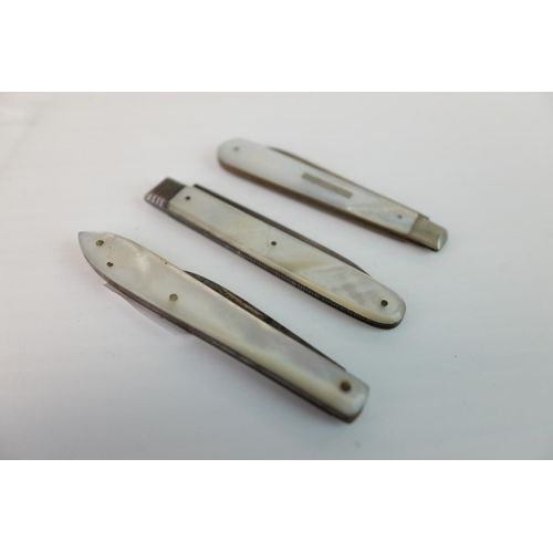 235 - Three Mother of Pearl Fruit Knives, two with Silver Blades