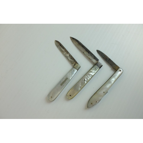 235 - Three Mother of Pearl Fruit Knives, two with Silver Blades