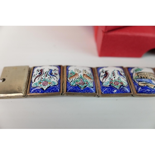 238 - Middle Eastern White Metal Bracelet comprising eight hinged enamelled panels depicting birds, animal... 