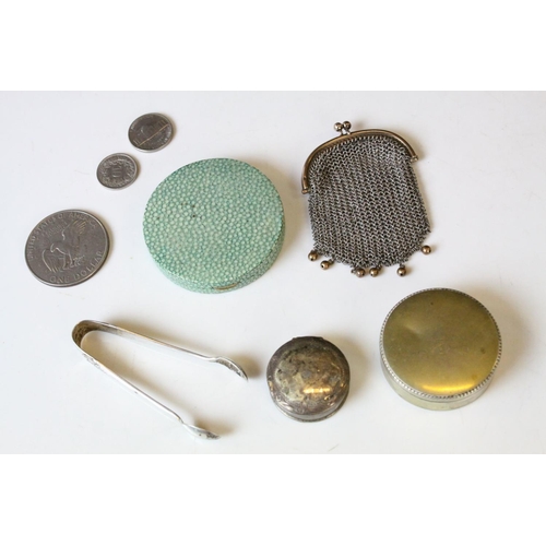 292A - Shagreen Compact, Silver Pill Box, 800 grade Silver Box, Silver Sugar Nips and a Small Chain Mail Pu... 