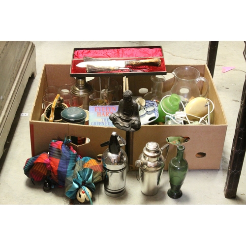 689 - Two Boxes of Mixed Collectables including Cocktail Shakers, Soda Syphon, Hip Flasks, Antique Cased T... 