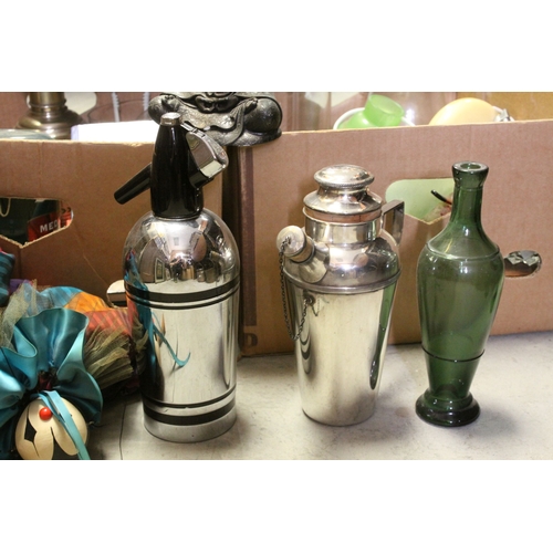 689 - Two Boxes of Mixed Collectables including Cocktail Shakers, Soda Syphon, Hip Flasks, Antique Cased T... 