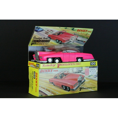 1008 - Boxed Dinky 100 Thunderbirds Lady Penelope's Fab 1 diecast model in fluorescent pink, complete with ... 