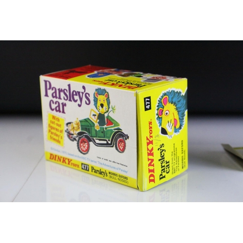 1030 - Boxed Dinky 477 Parsley's Car Morris Oxford Bull Nosed diecast model in green, complete with inner d... 