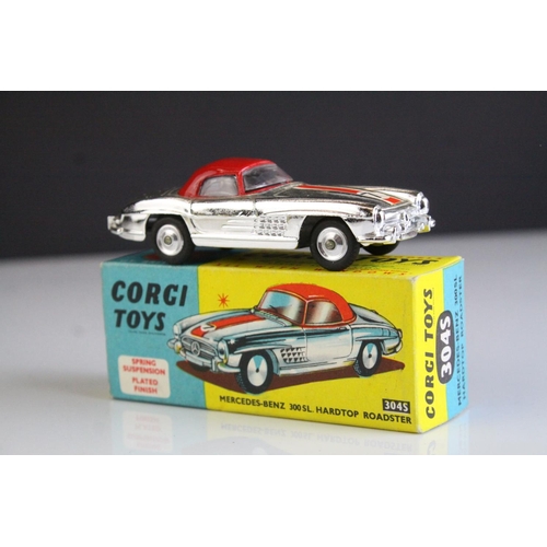 1055 - Boxed Corgi 304S Mercedes Benz 300 SL Hardtop Roadster diecast model in silver chrome body with red ... 