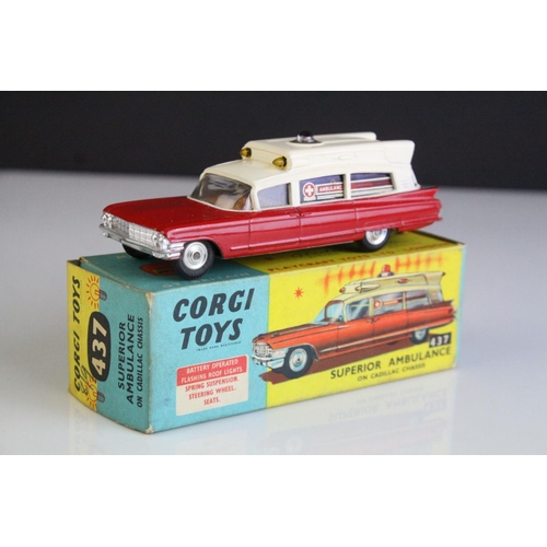 1058 - Boxed Corgi 437 Superior Ambulance on Cadillac Chassis diecast model in vg condition with vg decals,... 