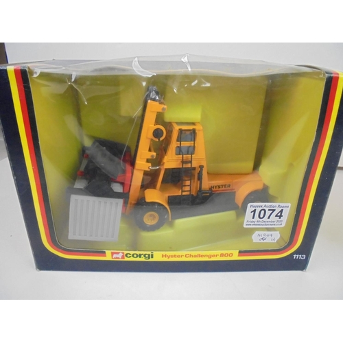 1074 - Two boxed Corgi diecast vehicles, both 1113 Hyster Challenger 800, models gd, some damage to boxes (... 