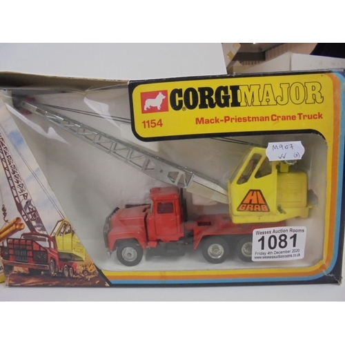 1081 - Three boxed diecast Corgi Major Mack-Priestman Crane Trucks 1154, some damage to boxes, models gen g... 