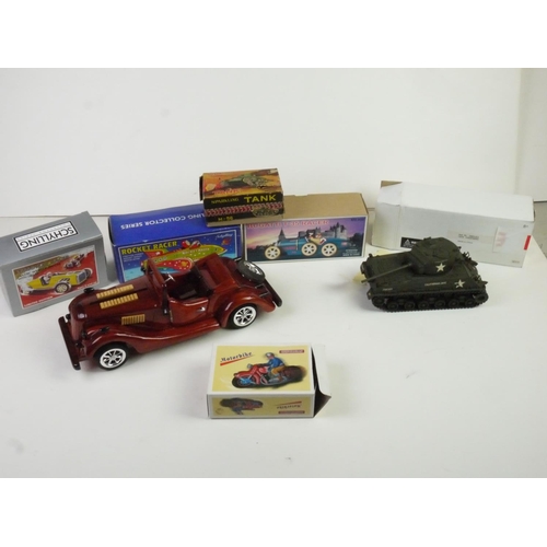 1110 - Five boxed tin plate models to include Schylling Rocket Racer, Daiya Japan Sparking Tank, Schylling ... 