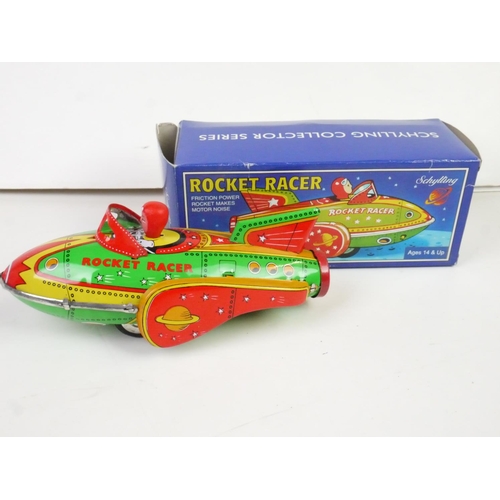 1110 - Five boxed tin plate models to include Schylling Rocket Racer, Daiya Japan Sparking Tank, Schylling ... 